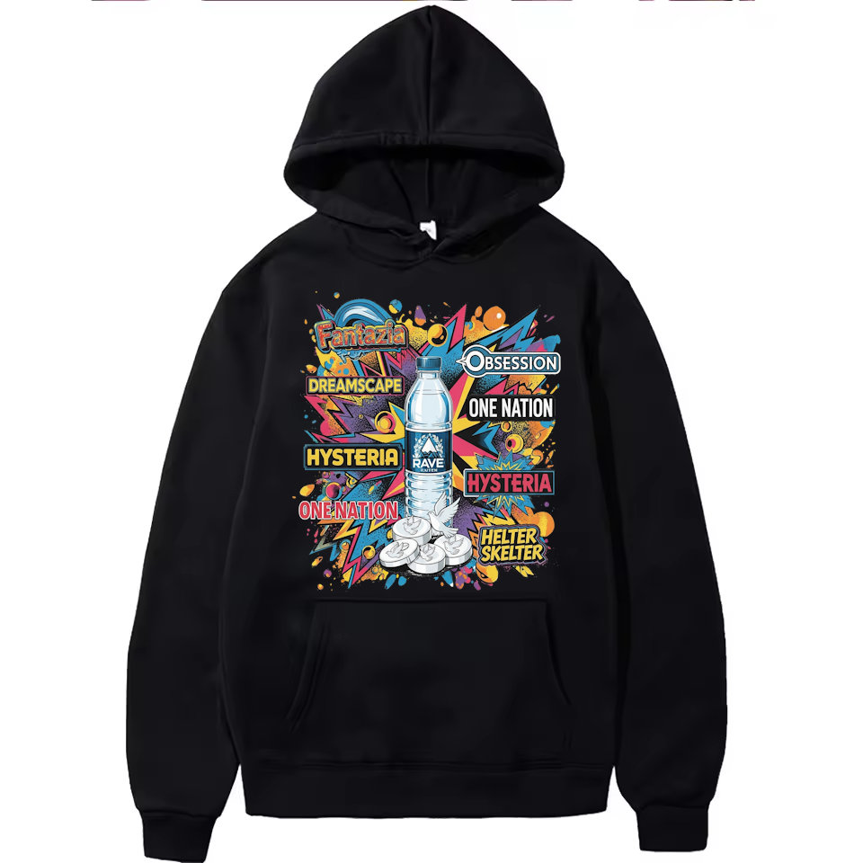 90s Raver Hoodie, Dreamscape, Fantazia, Helter Skelter, One Nation, Hysteria, Obsession