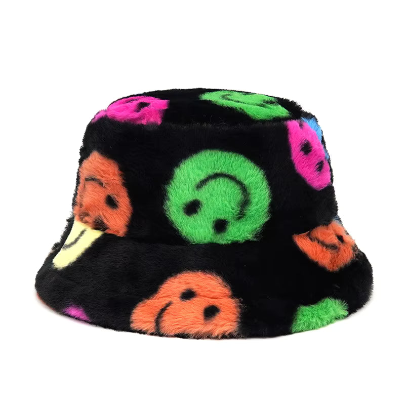 90s Raver Smiley Face Print Faux Fur Fluffy Warm Festival Bucket Hat
