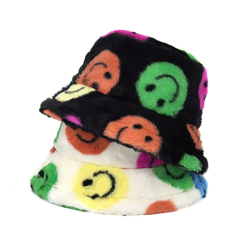 90s Raver Smiley Face Print Faux Fur Fluffy Warm Festival Bucket Hat