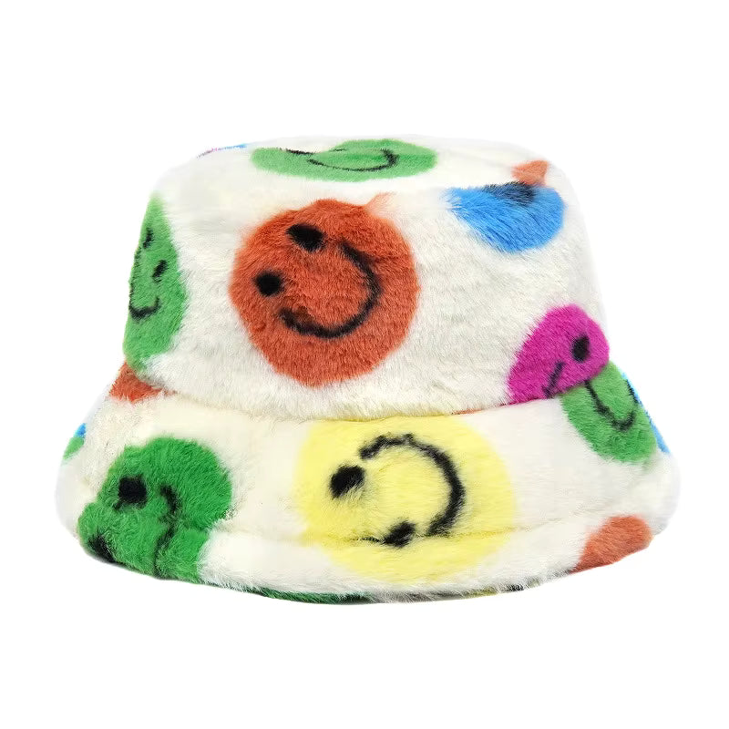 90s Raver Smiley Face Print Faux Fur Fluffy Warm Festival Bucket Hat